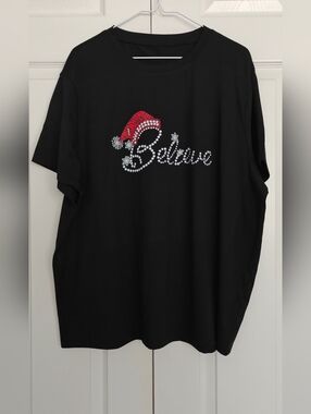 Black 'Believe' Rhinestone Holiday Tee with Red Santa Hat, Size 3XL